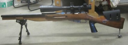 Mosin Nagant with VZ59 barrel, cheek rest, bi pod, scope, welded bolt, and now pistol grip.. rea.jpg