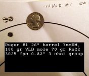 Ruger #1 7mmRM 180 gr VLD 0.82 in group at 100 yards 3025 fps.jpg